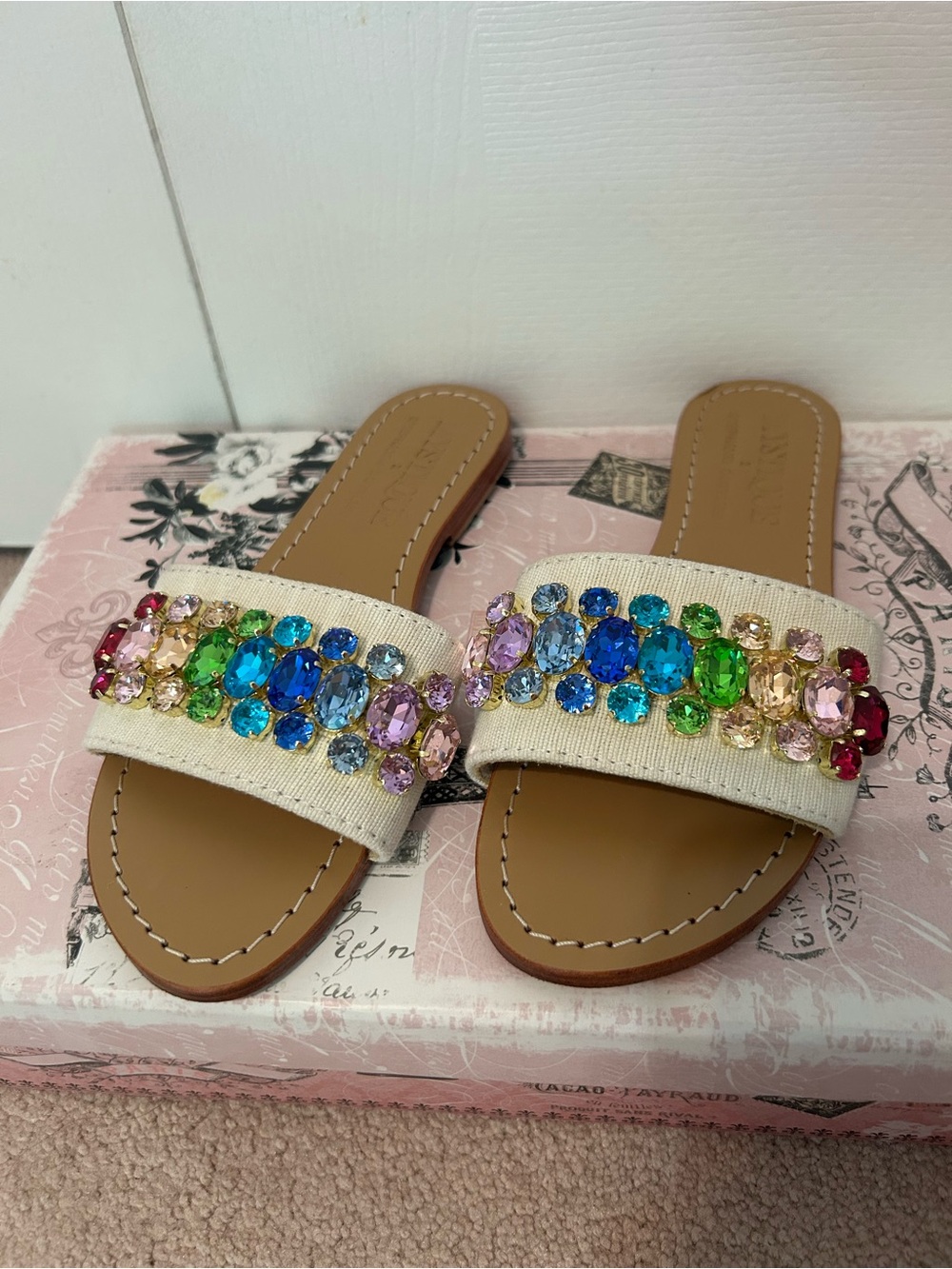Mystique X Stephanie Gottlieb Cream Slide Sandals with Multicolor Gemstones